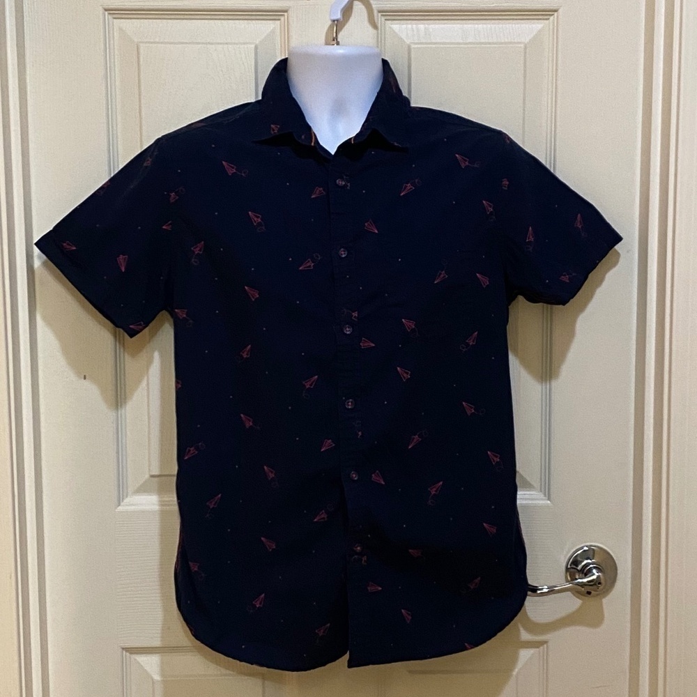 Cactus Man-Men's Short Sleeve Button Down-Slim Fit-Navy Blue/Pink Airplanes- S